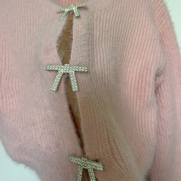 Bowknot Rhinestone Bow Knit Cardigan - Elegant Long Sleeve Crop Plush Sweater - Picture 6 of 11